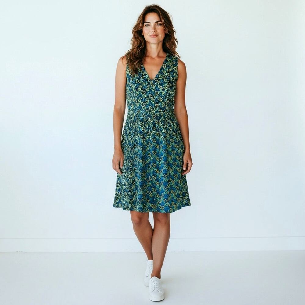 Bimba & Lola Dress XL Blue Yellow Embroidered Sleeveless Fit Flare V Neck
